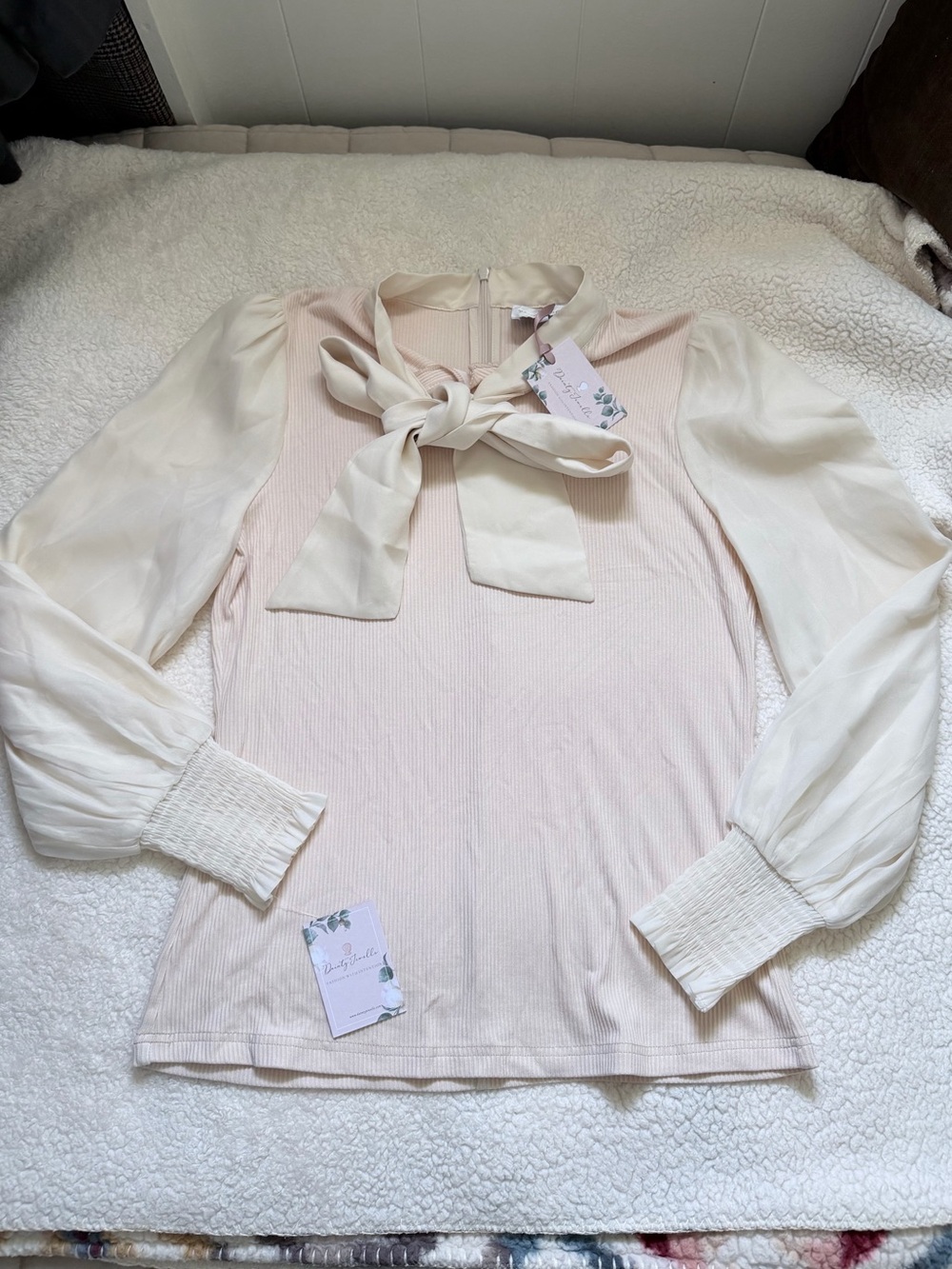 Dainty Jewells Pale Pink Knit Top with Ivory Tie-Neck and Sheer Sleeves
